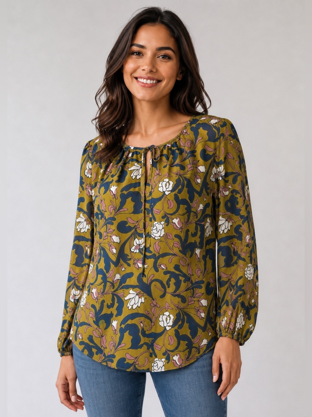 LOFT Floral Print Blouse - Olive Green Pink Navy Long Sleeve Tie Neck Boho
Top M